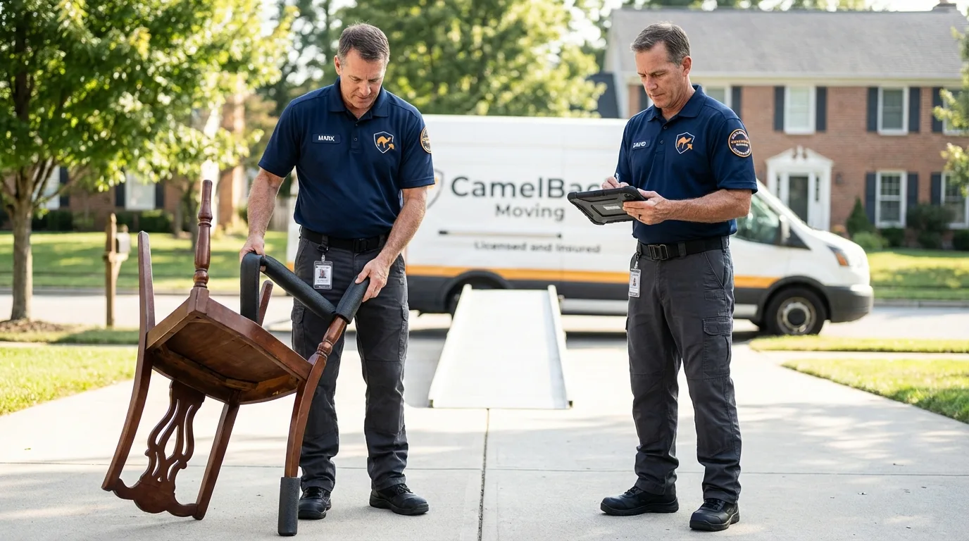 Movers inspecting furniture for damage prevention before loading in Mountain View, HI