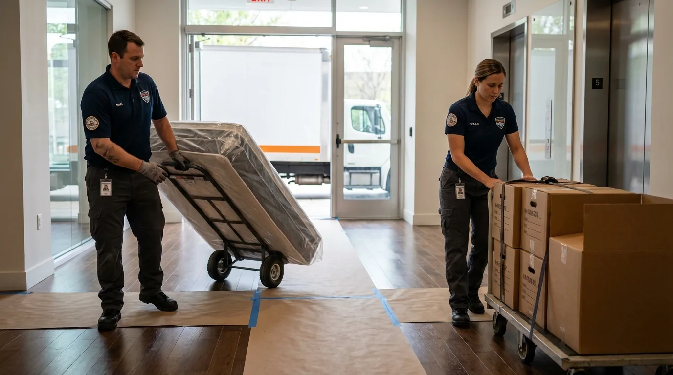 Professional apartment movers loading elevator in Mountain View, HI